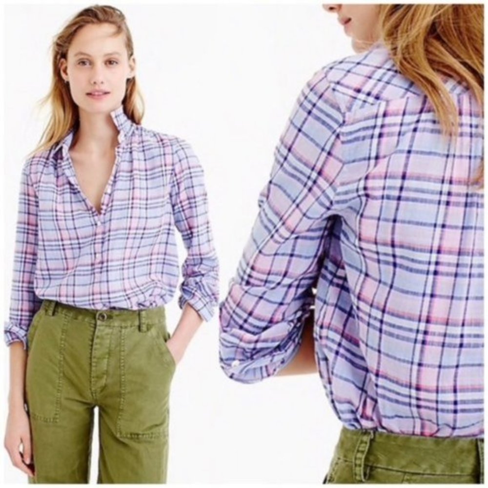 J. Crew Lilac gathered popover shirt plaid cotton.